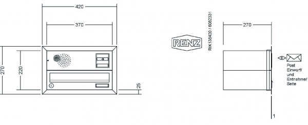 RENZ Briefkastenanlage Unterputz, Eckrahmen, Edelstahl V4A, Kastenformat 370x110x270mm, mit Klingel - & Lichttaster und Vorbereitung Gegensprechanlage, 1-teilig